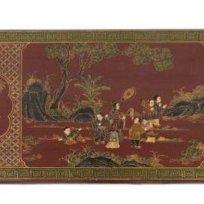 ANTIQUE CHINOISERIE RED LACQUER PAINTED PANEL