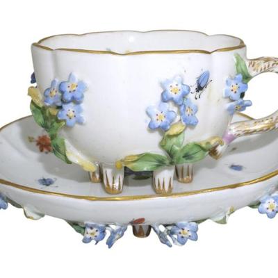 19th c CARL THIEME FORGET ME NOT FLOWER CUP & SAUCER