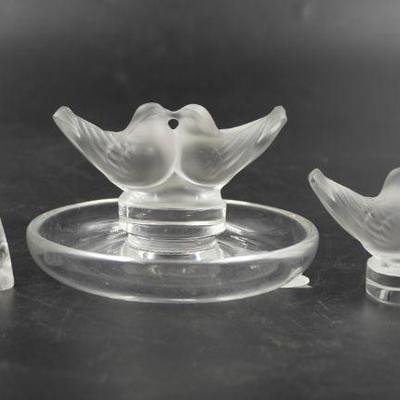 3 PC LALIQUE CRYSTAL LOVE BIRDS & BUTTERFLY
