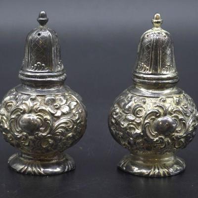 W B MFG CO SALT AND PEPPER SHAKERS REPOUSSE STYLE SILVER PLATED