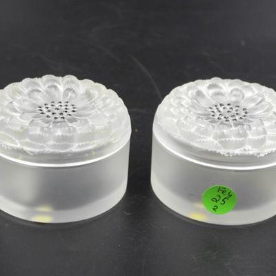 PAIR (2) LALIQUE CRYSTAL DAHLIA POWDER BOXES