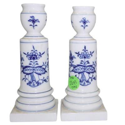 PAIR MEISSEN BLUE AND WHITE PORCELAIN CANDLESTICKS