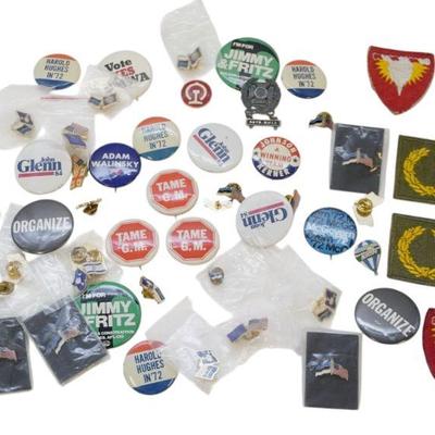 LOT OF VINTAGE POLITICAL AND MILITARY PINS - 53 PIECES