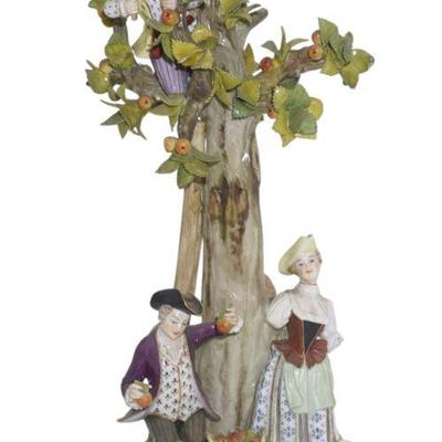 RARE DRESDEN APPLE PICKING PORCELAIN FIGURAL STATUE