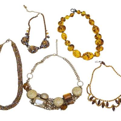 5 VINTAGE 1950-60-70 RHINESTONE AND BEADED NECKLACES