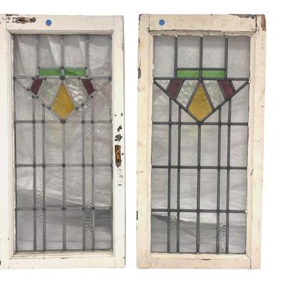 2 ANTIQUE ART DECO STAINED GLASS WINDOWS
