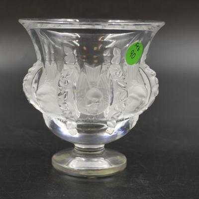 LALIQUE CRYSTAL DAMPIERRE VASE SPARROWS