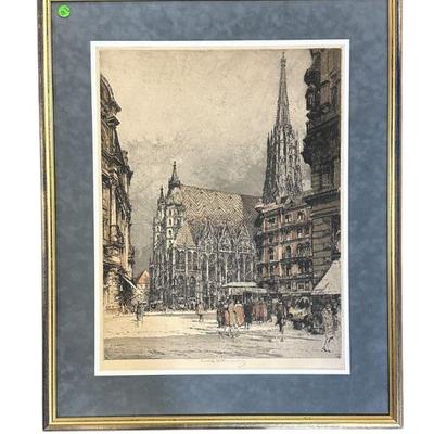 SIGNED 1928 ETCHING LUIGI KASIMIR ST STEPHENS CATHEDRAL VIENNA