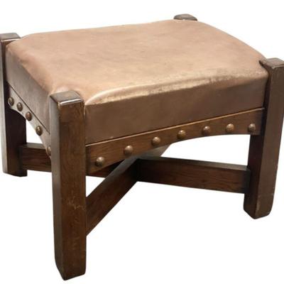 ARTS & CRAFTS MISSION OAK & LEATHER OTTOMAN
