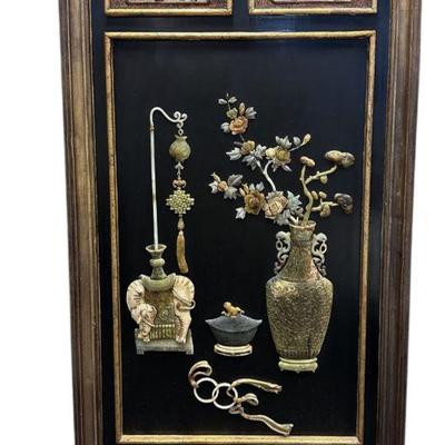 CHINESE INLAID HARDSTONE / JADE ELMWOOD WALL PANEL