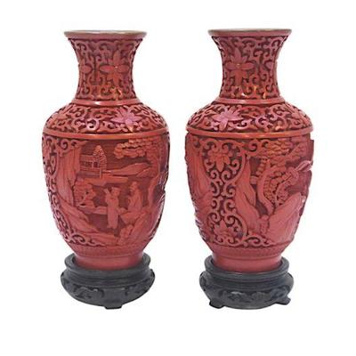 MATCHED PAIR CINNABAR LACQUER & ENAMEL VASES