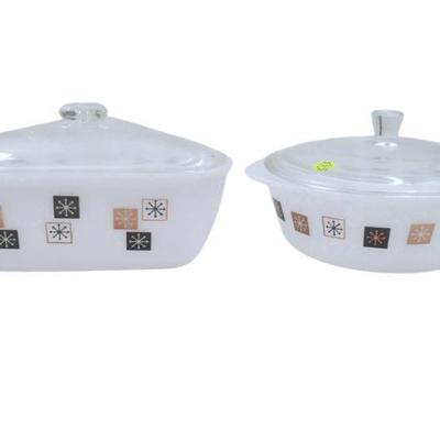 PAIR VINTAGE INLAND GLASS ATOMIC BURST MCM COVERED CASSEROLE DISHES
