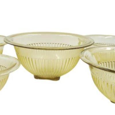 5 FEDERAL GLASS AMBER YELLOW RIBBED NESTING BOWLS