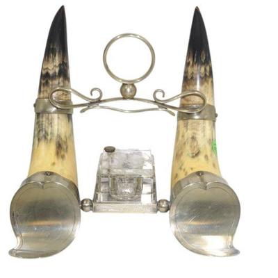 ANTIQUE 19TH C HORN & SILVER PLATE INKWELL