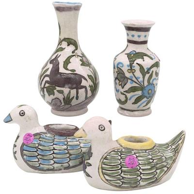 4 ANTIQUE PERSIAN QAJAR POTTERY BIRDS - VASES