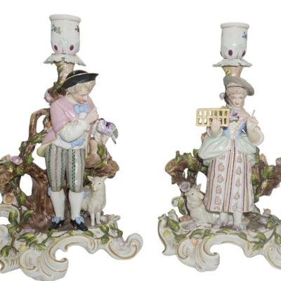 SITZENDORF PORCELAIN PAIR OF LOVERS CANDLESTICKS