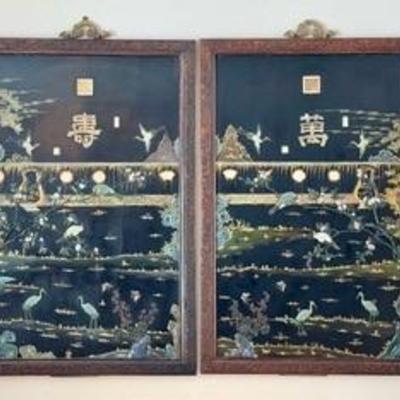Pair of Large Chinese Black Lacquer Inlaid Wall Panels 

Gorgeous, detailed design accented with jade and other natural stones....