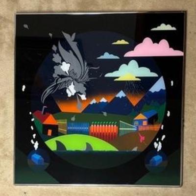 "Family of Sharks Trout Fishing" Lacquer Back Sprayed on Plexiglass Art by Richard T. Brewer 

Measures 36 x 36 inches.