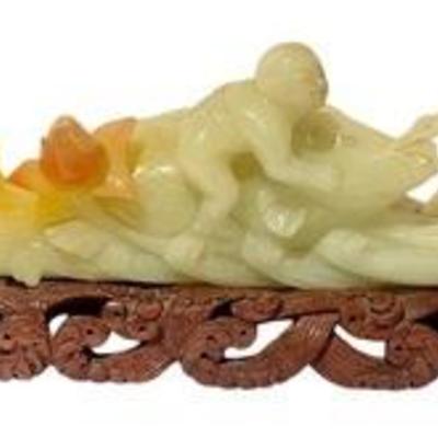 Antique Carved Jade Figurine 

Featuring two boys with a fish 

Measures 9.5" long x 4"h 
