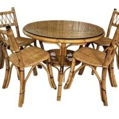Beautiful Vintage Bamboo and Rattan Glass Top Table with Four Chairs 

What a lovely set that is ready for a new home! 

The table...