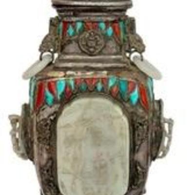 Antique Silver Chinese Lidded Vessel with Carved Jade Details 

Features a gorgeous jade/carved hard stone detailed design paired with...