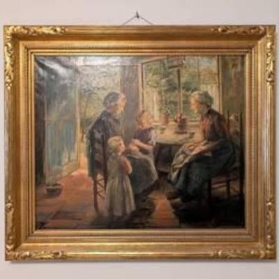 Large Gold Framed Oil on Canvas Painting by Cornelis Christiaan Zwaan.