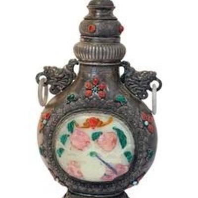 Antique Chinese 20th Century Carved Silver Bottle with Carved Hard Stone Detailing 

Accented with malachite, red coral and more...
