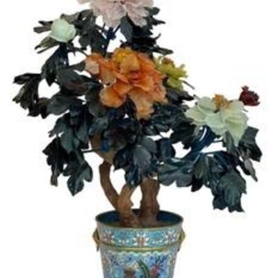 Vintage Chinese Carved Hard Stone Tree / Plant with Cloisonné Style Planter 

Beautiful! 

Total height with the planter is 29"...