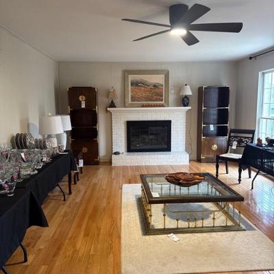 Coffee Table, Bookcases, Cabinet, Art, Rug, Glassware, and Lots of Smalls