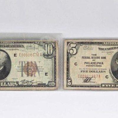 #1034 • 1929 National Currency $10 Virginia & $5 Pennsylvania Bank Notes
