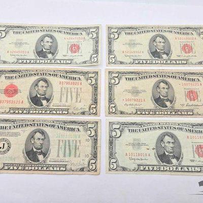 #1038 • (5) Red Seal Five Dollar Notes & (1) 1934 Five Dollar Bill
