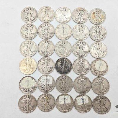 #1864 • (30) Silver Walking Liberty Half Dollars, 365g
