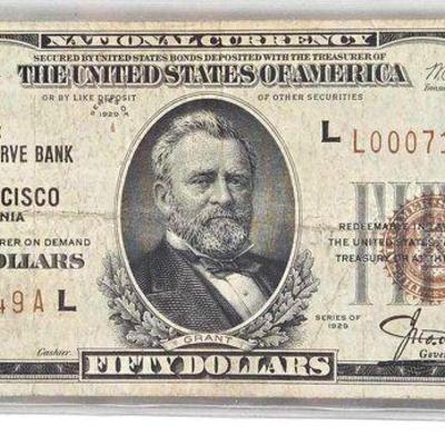 #1020 • 1929 San Francisco California National Currency $50 Bank Note

