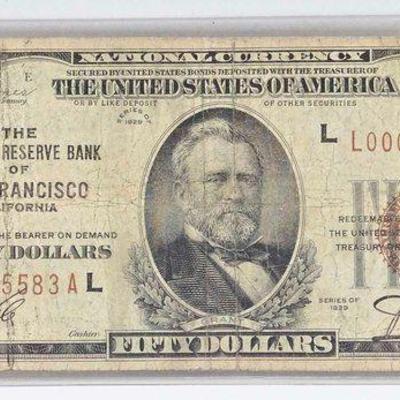 Sale Photo Thumbnail #28: #1018 • 1929 San Francisco Federal Reserve $50 Bank Note
