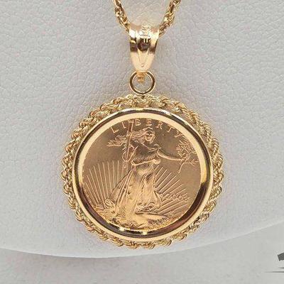 #1328 • 14kt Goin Chain W/ American Eagle Gold 1/10oz Coin, 8.21g
