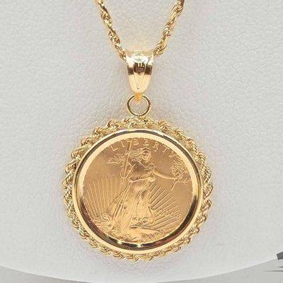 #1326 • 14kt Goin Chain W/ American Eagle Gold 1/10oz Coin, 8.21g
