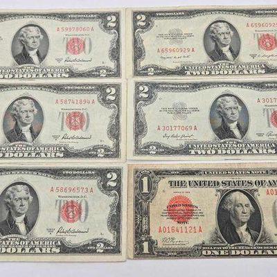 #1040 • (5) Red Seal $2 Bills & (1) $1 Red Seal Bill
