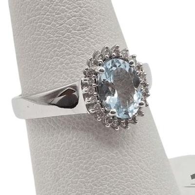 #602 • 14k White Gold Aquamarine & Diamond Ring with Jewelry Summary Card, 3.81g
