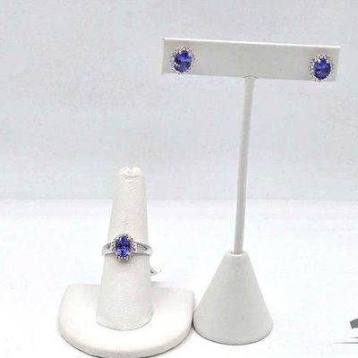 #604 • 14k White Gold Tanzanite, Diamond Matching Ring & Earring Set with Jewelry Summary Cards, 6.48g

