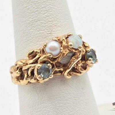 #610 • 14k Yellow Gold Ring with Topaz, Emerald & Pearl, 6.04g
