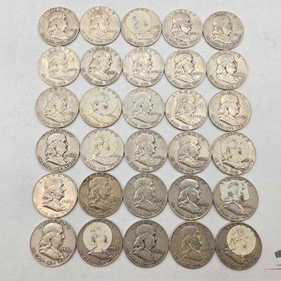 #1874 • (30) Silver Franklin Half Dollar Coins, 371g
