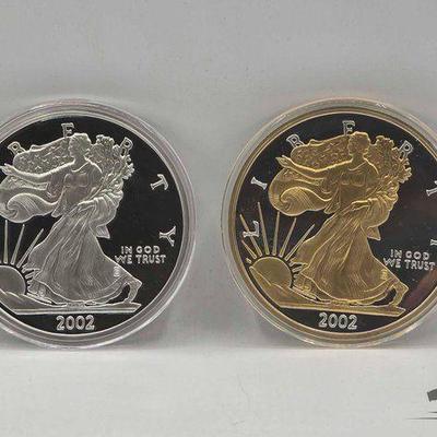 #2046 • 2 Half Pound Silver Eagle .999 Fine Silver Coins with 1 layered with 24karat gold with CoA
