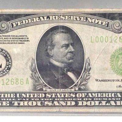 #1000 • PCGS Graded US 1934 $1,000 Federal Reserve Note: Fine 15
