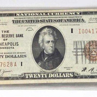 #1024 • 1929 Minneapolis Minnesota National Currency $20 Bank Note
