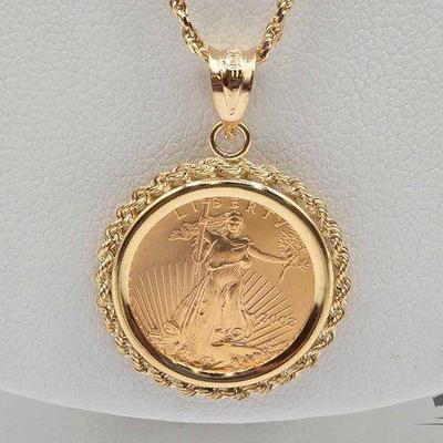 #1324 • 14kt Goin Chain W/ American Eagle Gold 1/10oz Coin, 8.25g
