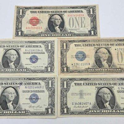 #1042 • (4) $1 Silver Certificate & (1) $1 Red Seal Note
