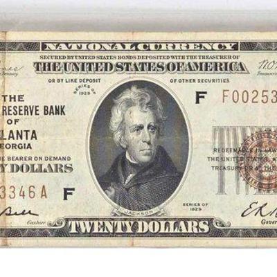 #1026 • 1929 Atlanta Georgia National Currency $20 Bank Note
