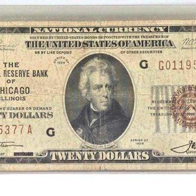 #1022 • 1929 Chicago Illinois National Currency $20 Bank Note
