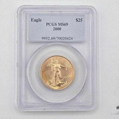 Sale Photo Thumbnail #50: #1300 • PCGS Graded 2000 $25 American Gold Eagle Coin MS69
