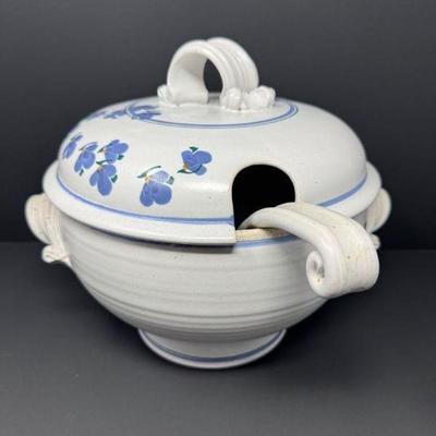 Soup Tureen w/ Lid & Ladle – Blue Floral Stoneware	